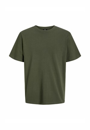 Camiseta de algodón verde oliva con cuello redondo, mangas cortas y una forma holgada; presenta una pequeña etiqueta de la marca cerca del dobladillo.