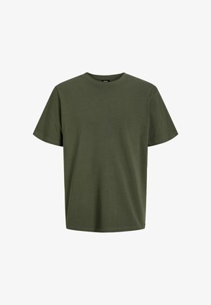 Camiseta de algodón verde oliva con cuello redondo, mangas cortas y una forma holgada; presenta una pequeña etiqueta de la marca cerca del dobladillo.