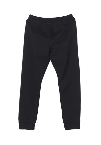 Leggings neri, aderenti, realizzati in un tessuto morbido ed elastico. Presentano una vita elastica e polsini a costine alle caviglie. Texture complessivamente liscia.