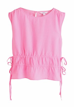 Rózsaszín ujjatlan felső könnyű anyagból, húzott derékrésszel és megkötős díszítéssel, valamint kulcslyuk kivágással a hátán.