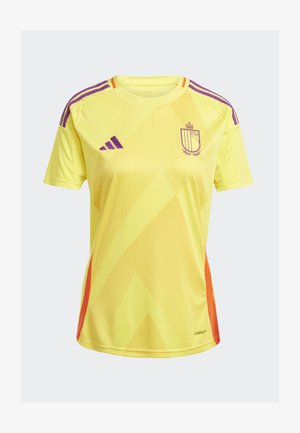 Gelbe Sporttrikots mit lila Akzenten, geometrischen Mustern und einem AEROREADY-Label am Saum; kurzärmliges Design mit Rundhalsausschnitt.