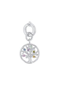 Ciondolo albero della vita in argento con gemme colorate come foglie, design circolare e attacco a moschettone, evidenziando dettagli intricati.