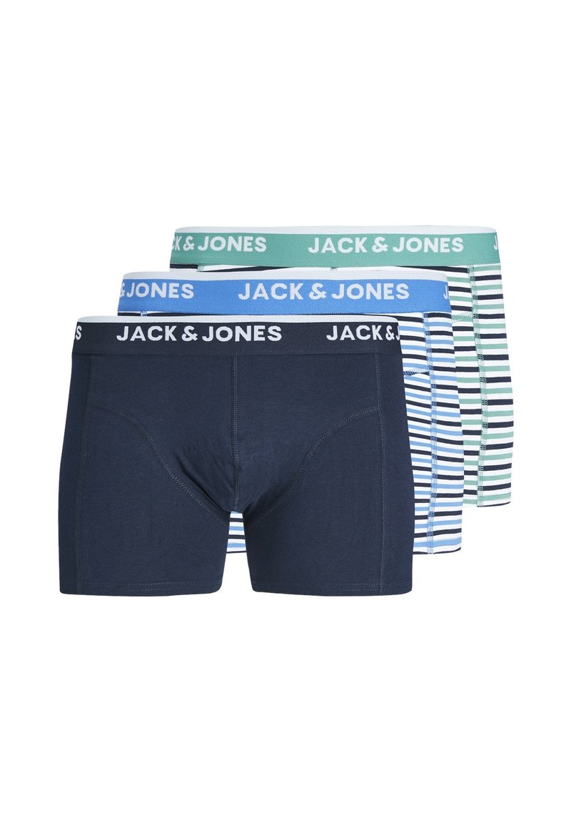 Drei Paare JACK & JONES Boxershorts: eine einfarbige marineblaue, eine hellblaue mit weißen Streifen und eine mit grünem Streifenmuster. Dehnbare Baumwolle.