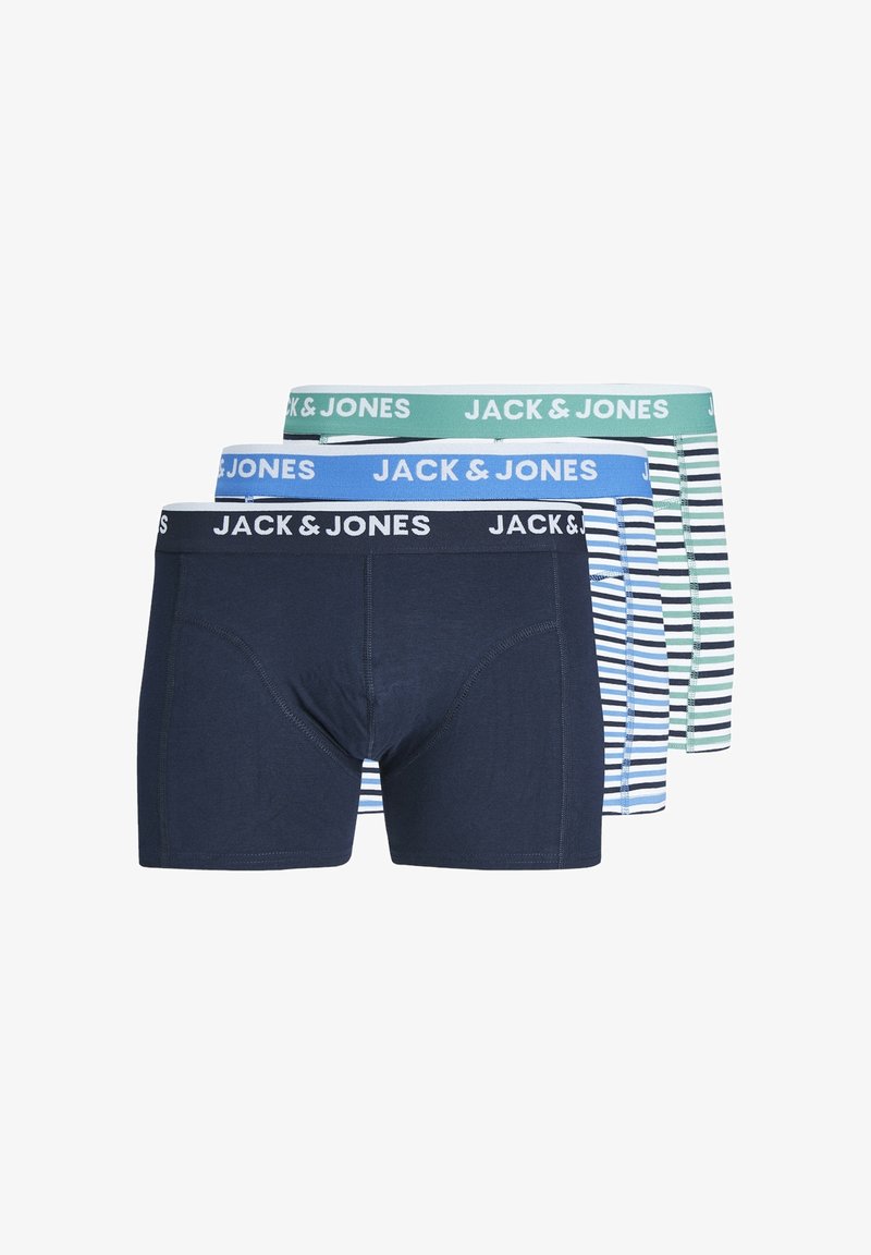 Three pairs of JACK & JONES boxer briefs: one solid navy, one light blue with white stripes, and one green striped pattern. Stretch cotton.