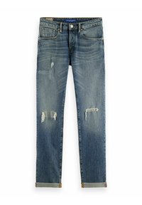 Blue distressed jeans with a straight leg design, prominent faded patches, frayed holes, and rolled cuffs. Features a button closure and pockets.