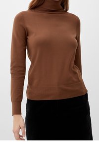 Brauner Rollkragenpullover mit langen Ärmeln, weichem Material, taillierter Passform und Rippdetails am Kragen und Saum. Kombiniert mit einem schwarzen Rock.