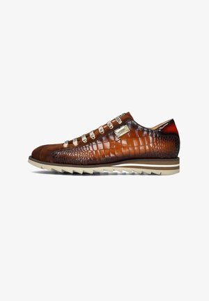 Brown leather sneakers with crocodile texture, white laces, and metal accents. Features an off-white rubber sole with jagged edges.