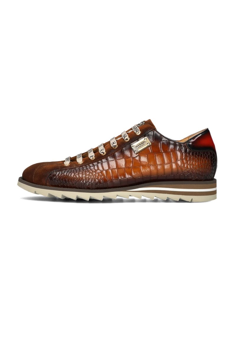 Brown leather sneakers with crocodile texture, white laces, and metal accents. Features an off-white rubber sole with jagged edges.