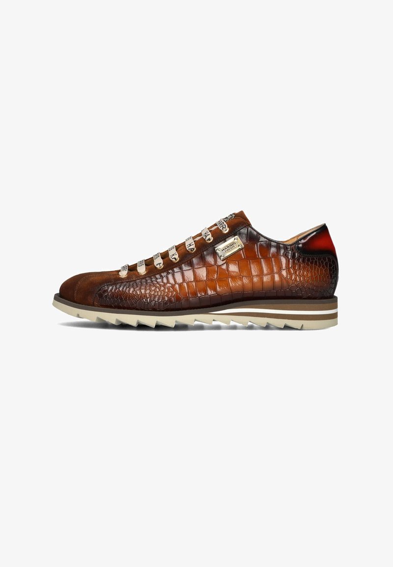Brown leather sneakers with crocodile texture, white laces, and metal accents. Features an off-white rubber sole with jagged edges.