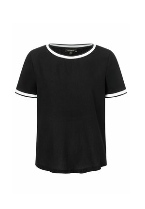 Schwarz, kurzärmliges T-Shirt mit Rundhalsausschnitt, versehen mit weißen Akzenten am Kragen und an den Ärmeln. Aus weichem Stoff gefertigt.
