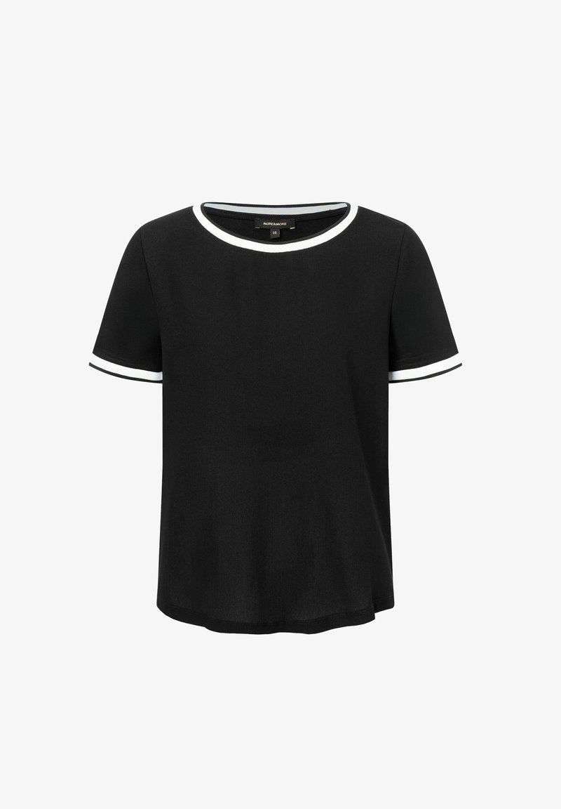 Black short-sleeve T-shirt with a round neckline, featuring white accents along the collar and sleeves. Made from soft fabric.