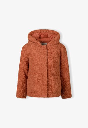 Pomarańczowa polarowa kurtka z teksturowanym, puszystym wykończeniem, kapturem i dwiema przednimi kieszeniami. Fodrowane wnętrze z kontrastowego, miękkiego materiału.