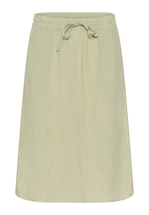 Jupe en lin vert clair avec une ceinture élastique et un cordon de serrage. Présente une forme A-line simple et un tissu doux et texturé.