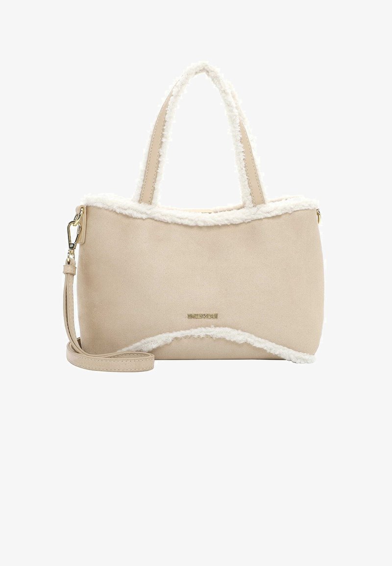 Borsa beige con profili in pelliccia sintetica bianca, due manici, tracolla staccabile e piccolo logo dorato del marchio al centro della parte anteriore.