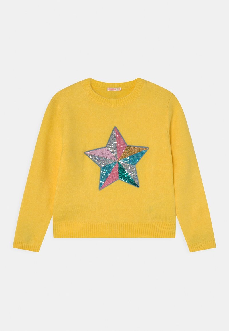 Žlutý pletený svetr s velkou, barevnou hvězdnou aplikací se sekrety v růžové, modré, stříbrné a zelené, žebrovaným výstřihem a manžetami.