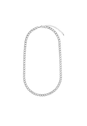 Silver-toned chain necklace with chunky links and an adjustable clasp on a white background.