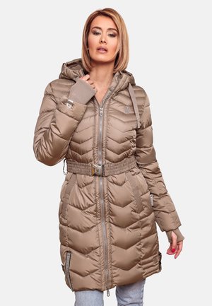 Beige padded jacket with a hood, chevron quilting, elastic waist belt, and zippered side pockets. Features ribbed cuffs and silver hardware.