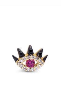 Spilla in tonalità oro a forma di occhio, con una gemma centrale rosa circondata da cristalli trasparenti. Accenti a forma di picco neri esaltano il design.