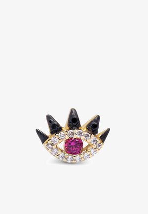 Gold-tone brooch shaped like an eye, featuring a central pink gem and surrounded by clear crystals. Black spike accents enhance the design.