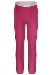 Fuchsia legging met een zilveren glitter tailleband, met een gladde textuur en verspreide iriserende stippen over de stof.