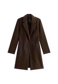 Abrigo de mezcla de lana marrón con cuello con muescas, mangas largas y dos bolsillos laterales. Presenta una silueta recta y un diseño minimalista.