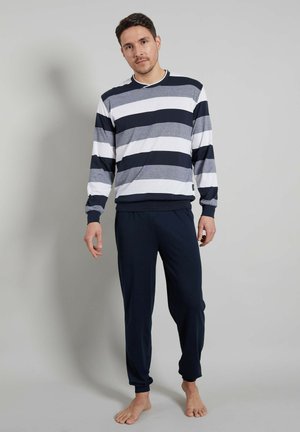 Gestreiftes Langarmhemd in Marineblau, Grau und Weiß mit einem runden Halsausschnitt, kombiniert mit marineblauen elastischen Hosen. Glatte Stoffqualität und entspannter Schnitt.