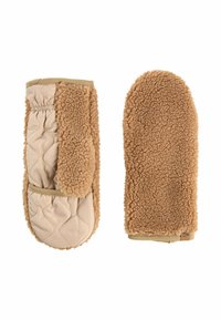 Braune Kunstpelz-Handschuhe mit einem gesteppten beige-farbenen Stoffuntergrund. Enthält einen elastischen Bund und eine Daumenöffnung, mit einer weichen Textur.