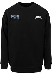 Čierna mikina s okrúhlym výstrihom, dlhými rukávmi, s nápisom "RETRO FUTURE" v svetlo modrej farbe a "lossyouth" v bielej výšivke. Hladká štruktúra.