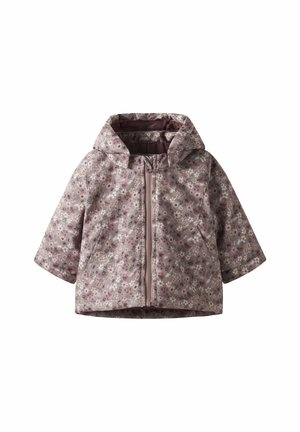Veste à capuche pour tout-petit avec fermeture éclair devant, ornée d'un motif floral violet et rose sur fond clair.