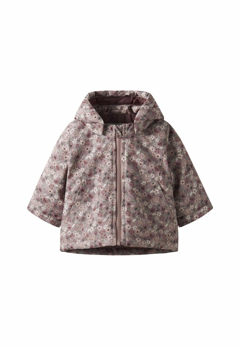 Veste à capuche pour tout-petit avec fermeture éclair devant, ornée d'un motif floral violet et rose sur fond clair.