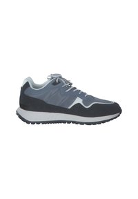Sneaker with a mix of blue and gray materials, featuring a rubber sole, lace-up design, and textured accents along the sides.