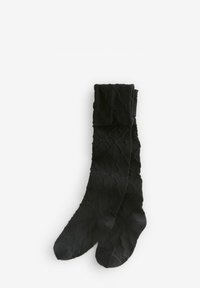 Calcetas negras hasta la rodilla hechas de un tejido texturizado con un patrón de diamantes, que cuentan con un puño doblado en la parte superior y costuras del dedo del pie suaves.