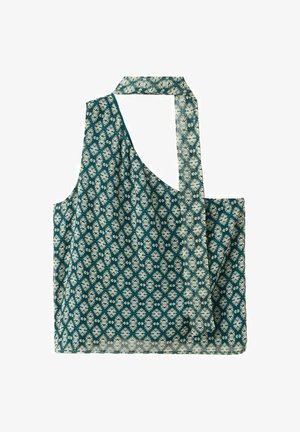 Wiederverwendbare Einkaufstasche mit dunkelgrünem und weißem geometrischem Blumenmuster, einem langen Träger und quadratischem Boden.