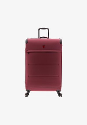 Maleta grande de caparazón blando color granate con cuatro ruedas giratorias y un mango retráctil negro, vista frontal sobre fondo blanco.