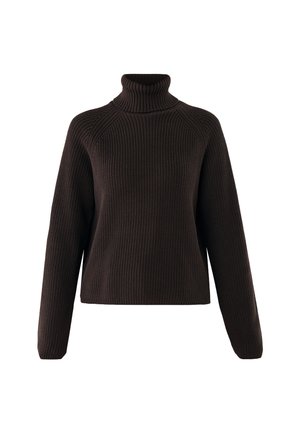 Donkerbruin geribbelde gebreide turtleneck trui met lange mouwen en een ontspannen pasvorm op een witte achtergrond.