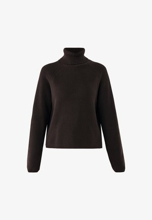 Maglione a collo alto a coste in marrone scuro con maniche lunghe e vestibilità ampia su uno sfondo bianco.