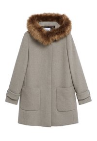 Abrigo de lana gris con un cuello de piel sintética marrón, que presenta dos grandes bolsillos frontales y detalles en los puños ajustables. Diseño simple y estructurado.