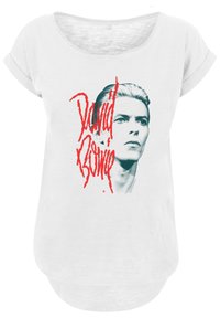 White T-shirt with a loose, rounded neckline. Features a black-and-white graphic of a person's face and red text reading "David Bowie."