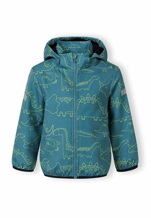 Giacca con cappuccio verde acqua per bambini, con contorni di dinosauro verde chiaro, zip frontale, polsini elastici e toppe riflettenti sulle maniche.