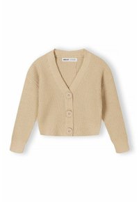Beige stickad cardigan med v-ringning, tre stora knappar fram, samt ribbade ärmslut och nederdel. Kort, avslappnad passform.