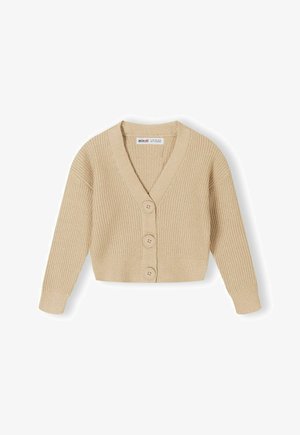 Cardigan en tricot beige avec un col en V, trois grands boutons sur le devant, et des poignets et un ourlet côtelés. Design court et décontracté.