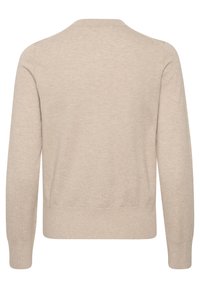 Beige Strickpullover mit langen Ärmeln und Rundhalsausschnitt. Hat eine glatte Textur und gerippte Bündchen sowie Saum, entworfen für eine figurnahe Passform.