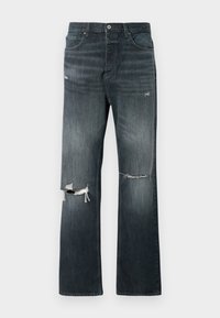 Denimjeans i mørk vask med en avslappet passform, med to slitte kne-riv, en standard knappelukking og fem-lomme design.