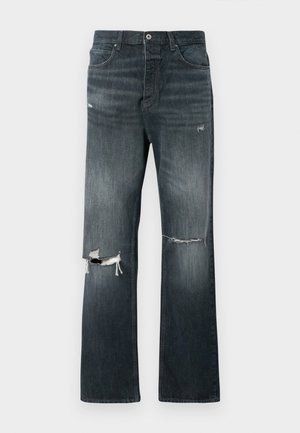 Denim jeans in dark wash with a relaxed fit, featuring two distressed knee rips, a standard button closure, and five-pocket design.