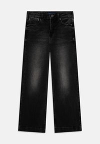 Jeans ampia in denim nero con finitura sbiadita, design a cinque tasche, chiusura con bottone e cuciture a contrasto. Orlo uniforme.