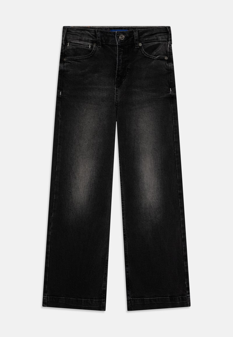 Juodi džinsai plačiomis kojomis su išblukusiu paviršiumi, penkių kišenių dizainu, užsegimu su mygtuku ir kontrastinga siūle. Lygus apatinis kraštas.