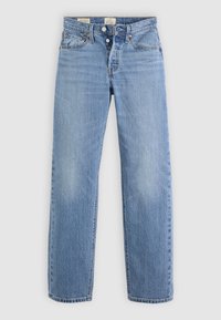 Jeans in denim blu chiaro con un taglio dritto, dotati di patta con bottoni, tasche e una leggera sbiaditura sul davanti per un aspetto vissuto.