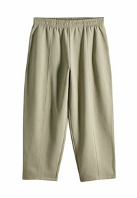 Licht olijfgroene broek met een elastische tailleband, ontspannen pasvorm, voorzien van twee voorplooien en een gladde, zachte textuur.