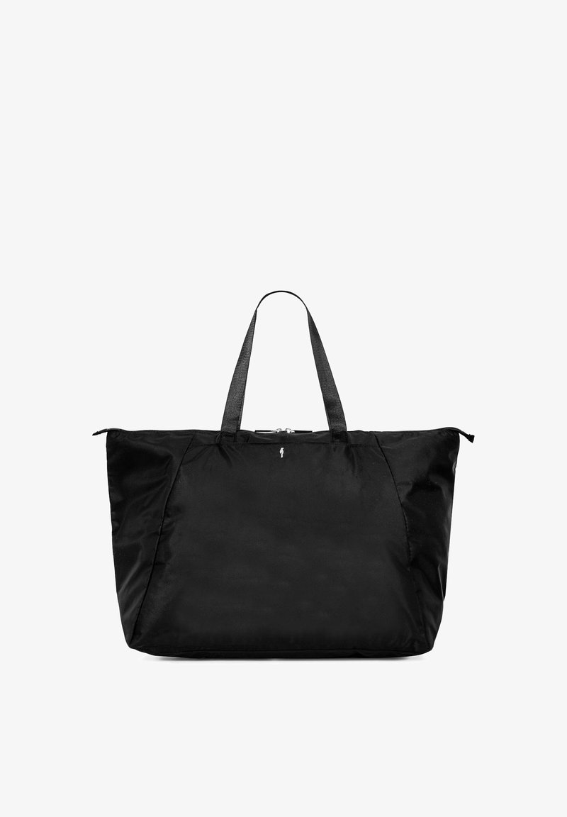 Czarna torba nylonowa na ramię z dwoma solidnymi uchwytami, dużym zamykanym otworem oraz subtelnym logo z przodu. Gładka faktura, bez dodatkowych wzorów.