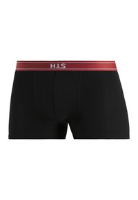 Crne bokserice napravljene od mekanog materijala s crvenim pojasom na kojem se nalazi bijeli natpis "H.I.S" i dvije tanke crvene pruge duž vrha.